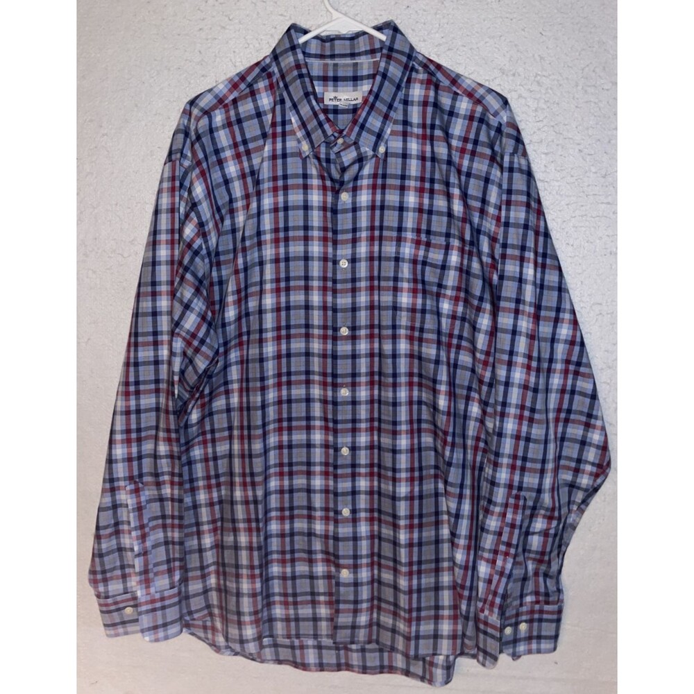 Peter Millar Men's Dress Shirt XXL Blue Red White Plaid 100% Cotton Long Sleeve